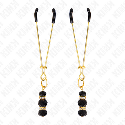 KINK - GOLD THIN NIPPLE CLAMPS WITH 3 BLACK GLASS BEADS 7 CM