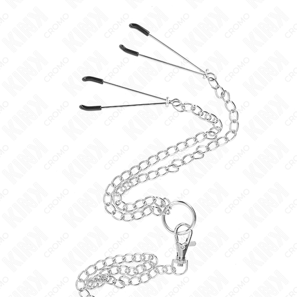 KINK - TRIPLE CHROME METAL PENIS RING 3.8 CM TO 5 CM WITH 26 CM METAL CHAIN AND NIPPLE CLAMPS MODEL 2